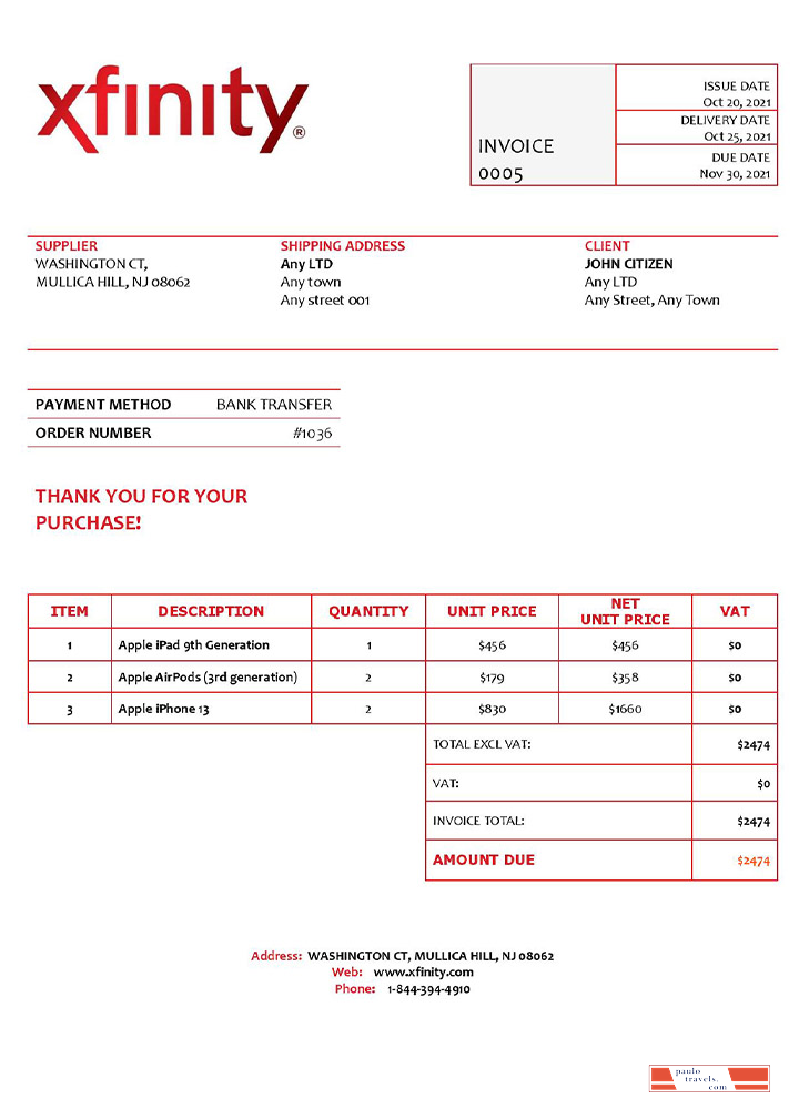 USA Xfinity invoice template PSD template